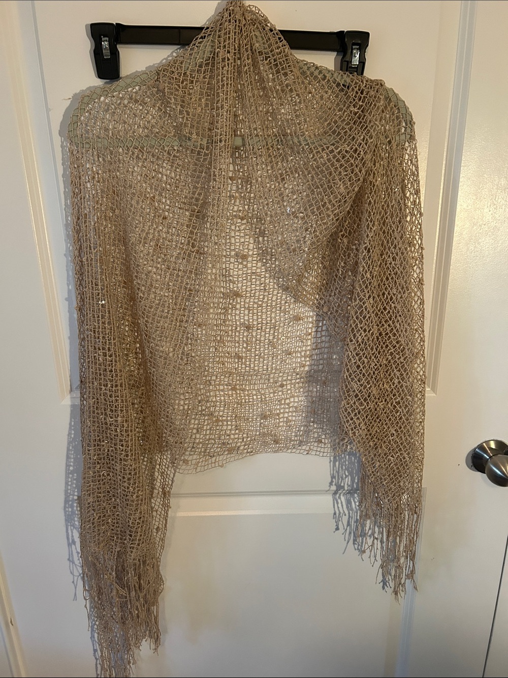 Open Knit Fringe Shawl in Light Brown